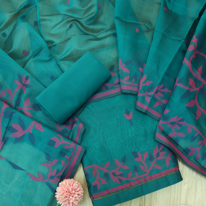 Surya Turquoise Teal Authentic Floral Jamdani Weaved Suit Set