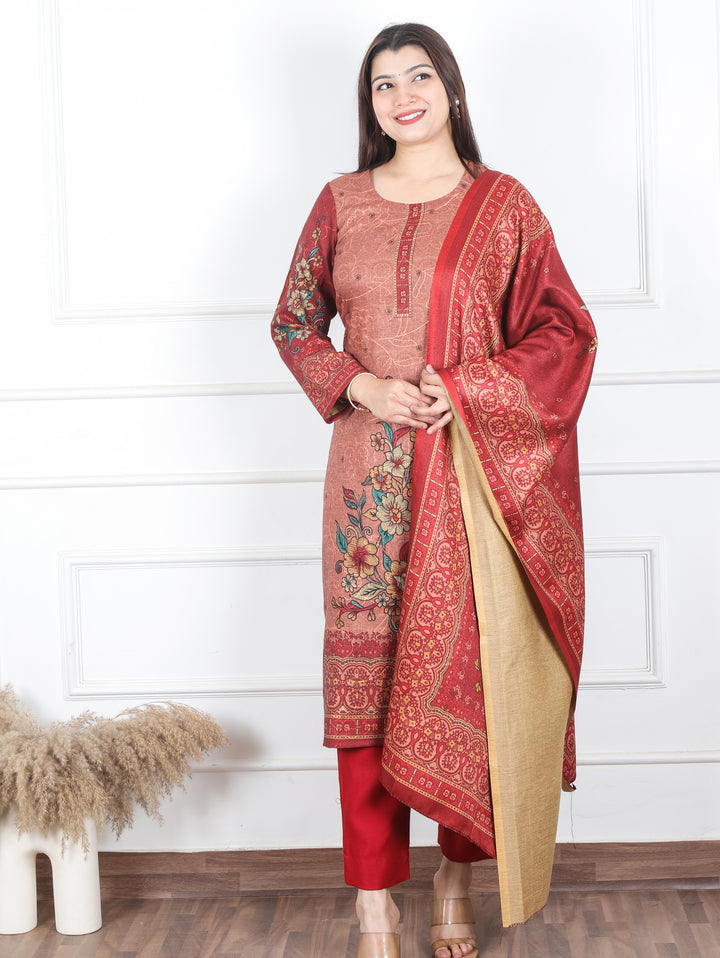 Alisha Bride Red Digital Floral Printed with Thread Weaved Semi Pashmina 3 Piece Set