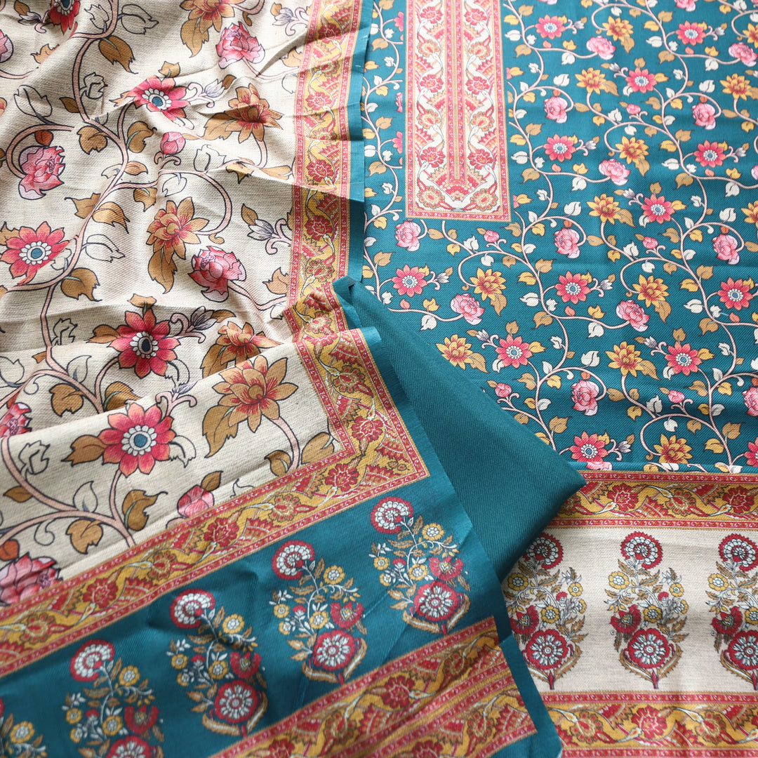 Kumani Turq Teal Digital Kashmiri Printed Semi Pashminna Winter Set