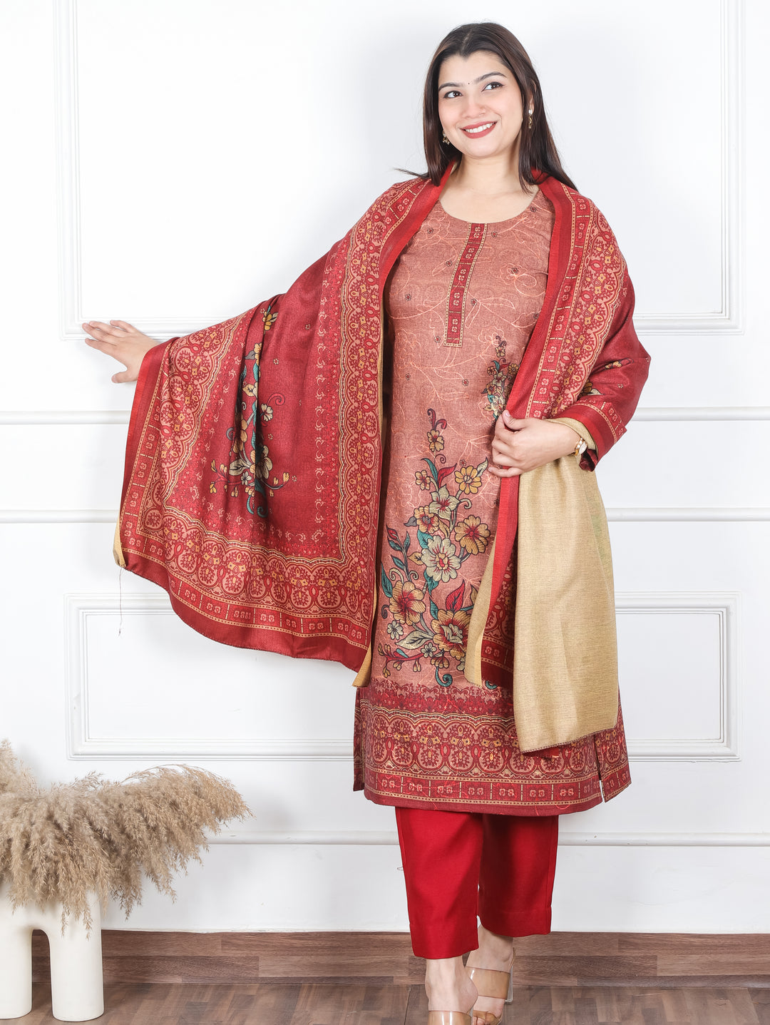 Alisha Bride Red Digital Floral Printed with Thread Weaved Semi Pashmina 3 Piece Set