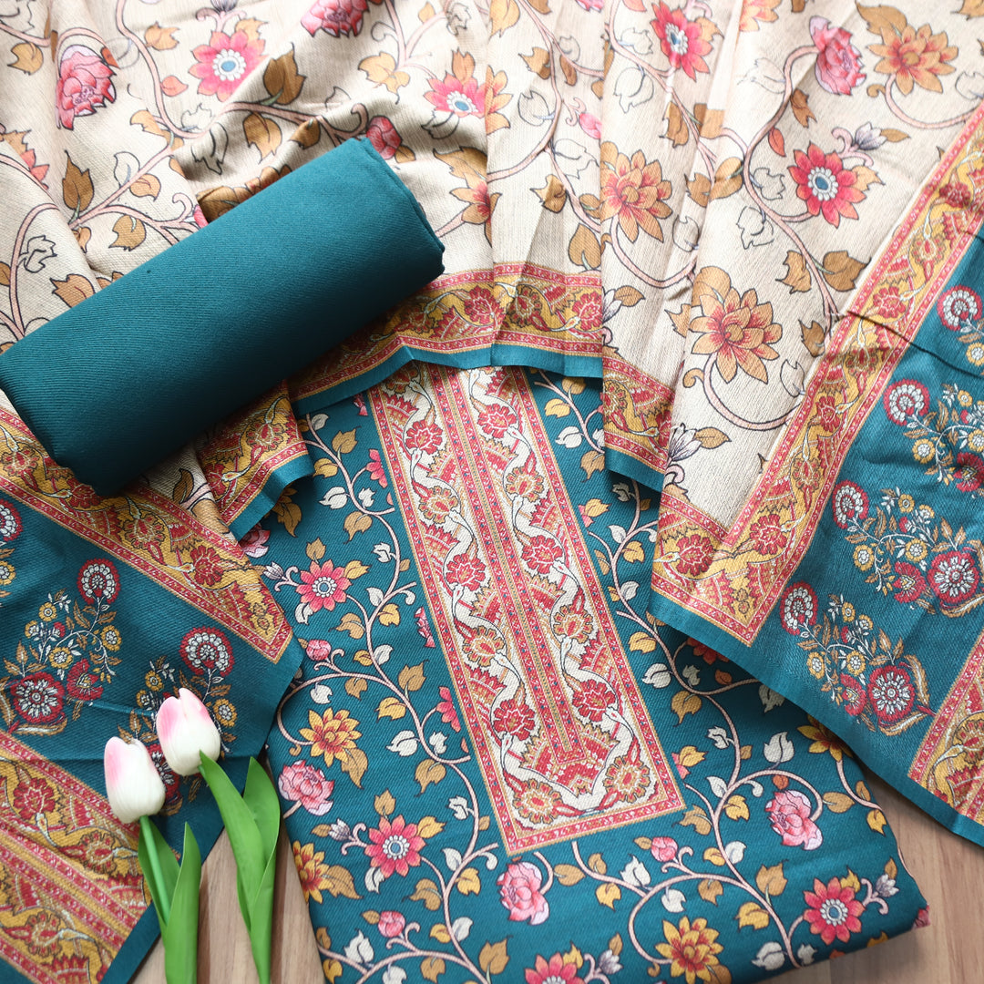 Kumani Turq Teal Digital Kashmiri Printed Semi Pashminna Winter Set