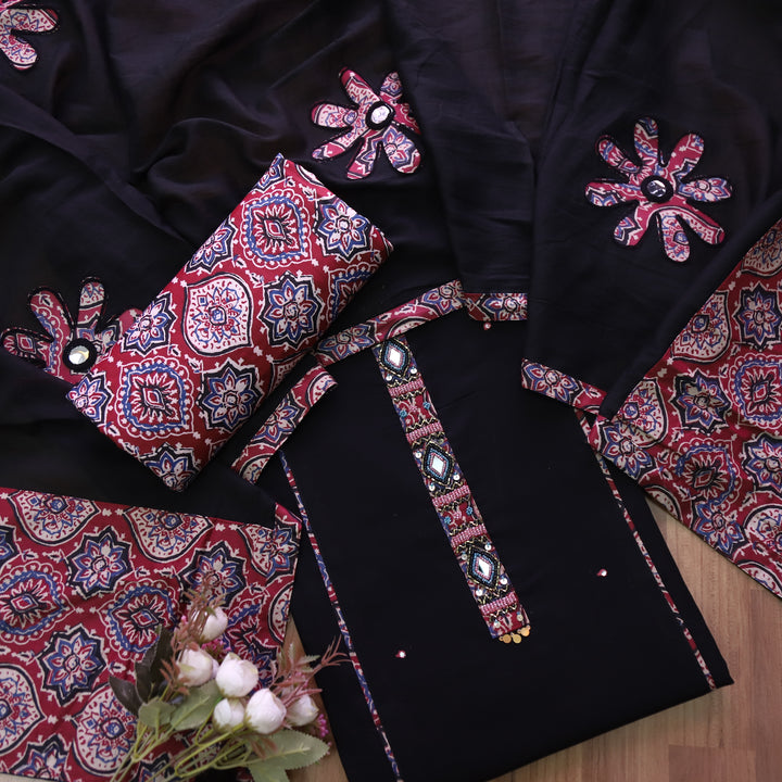 Aafreen Black Moti with Kardana Detailing Neck Cotton Suit with Red Bottom