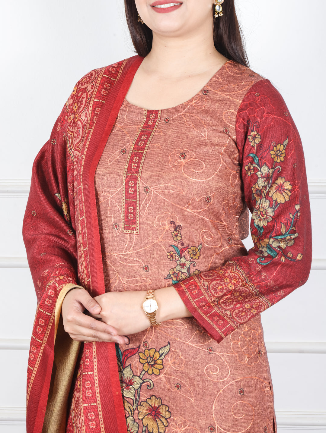 Alisha Bride Red Digital Floral Printed with Thread Weaved Semi Pashmina 3 Piece Set