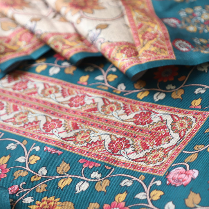 Kumani Turq Teal Digital Kashmiri Printed Semi Pashminna Winter Set