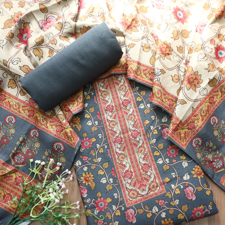 Kumani Fossil Grey Digital Kashmiri Printed Semi Pashminna Winter Set
