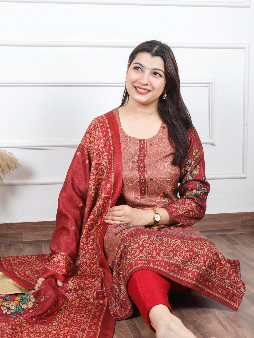 Alisha Bride Red Digital Floral Printed with Thread Weaved Semi Pashmina 3 Piece Set