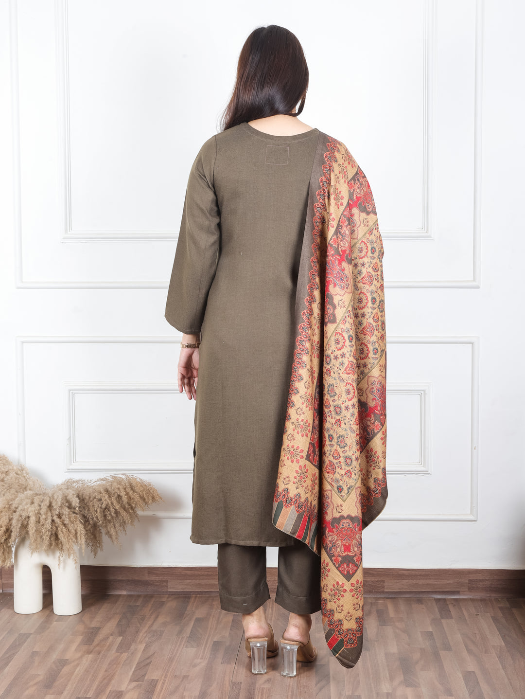 Rooby Dark Green Embriodered Neck Work Semi Pashmina Winter Suit Set