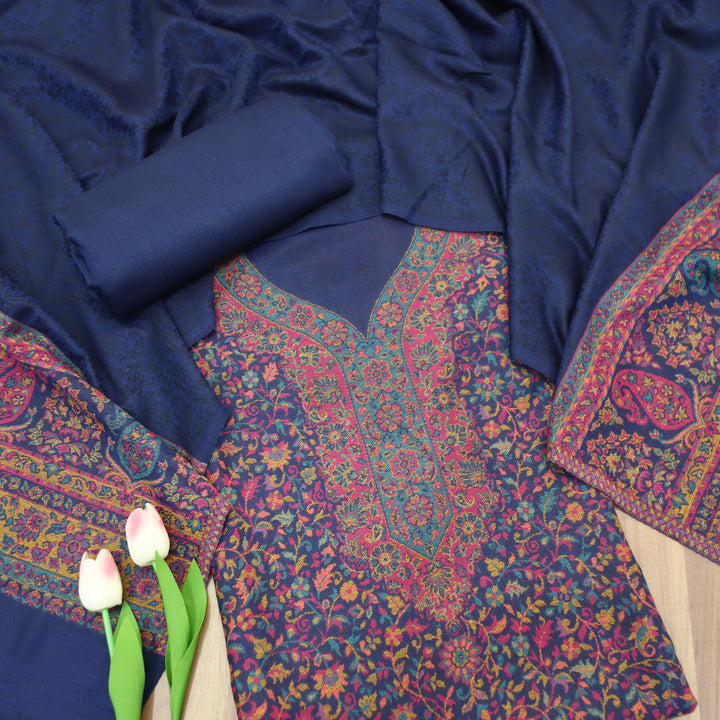 यक्षी Blueberry Blue Kasmiri Kanni Thread Weaved Semi Pashmina Winter Set