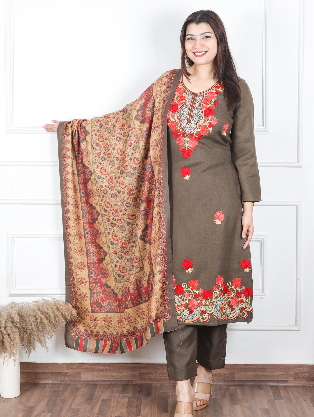 Rooby Dark Green Embriodered Neck Work Semi Pashmina Winter Suit Set