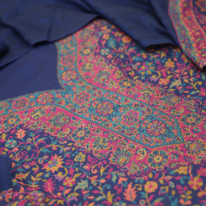 यक्षी Blueberry Blue Kasmiri Kanni Thread Weaved Semi Pashmina Winter Set
