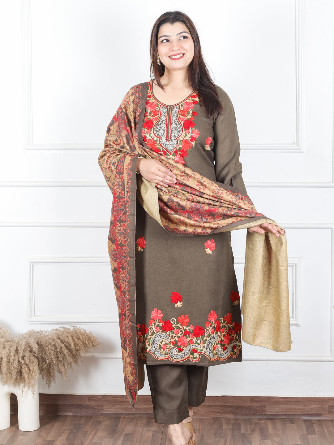 Rooby Dark Green Embriodered Neck Work Semi Pashmina Winter Suit Set