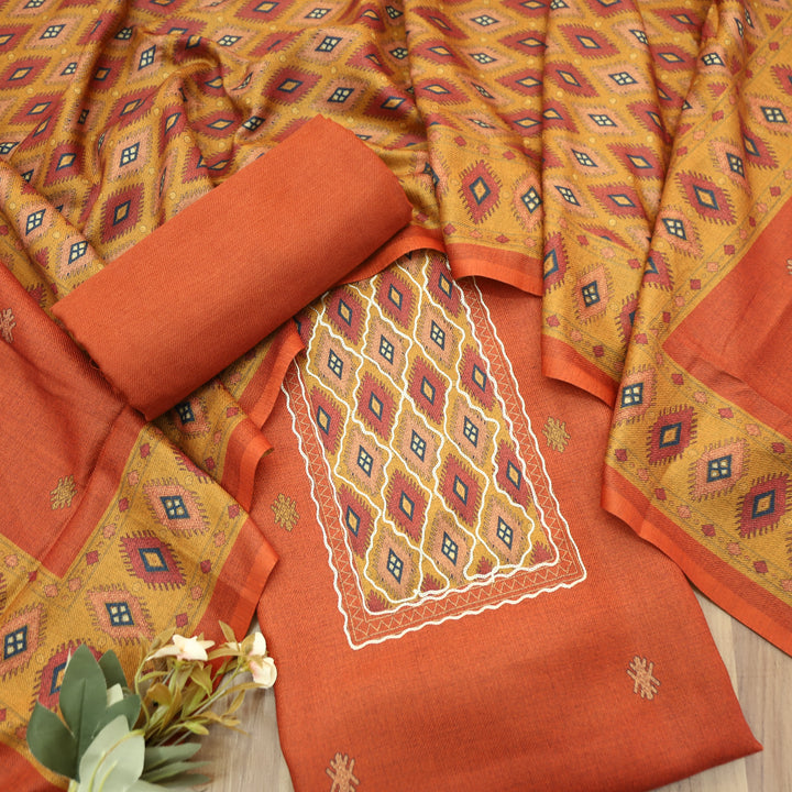 Sarvari Tang Orange Thread Work Yoke Semi Pashmina Winter Set