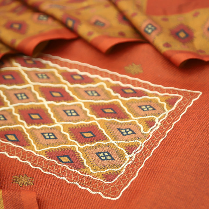 Sarvari Tang Orange Thread Work Yoke Semi Pashmina Winter Set