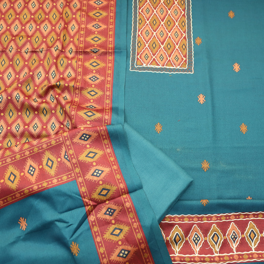 Sarvari Ocean Teal Thread Work Yoke Semi Pashmina Winter Set