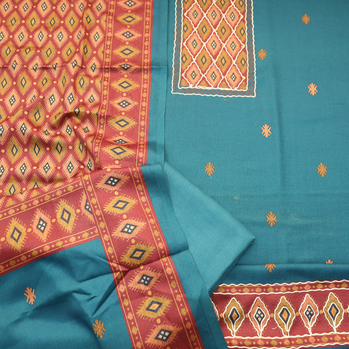 Sarvari Ocean Teal Thread Work Yoke Semi Pashmina Winter Set