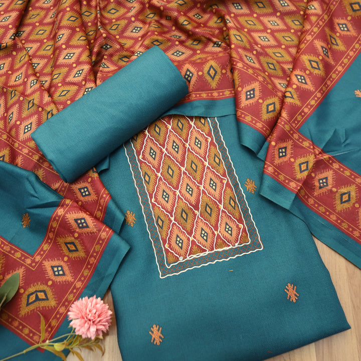Sarvari Ocean Teal Thread Work Yoke Semi Pashmina Winter Set