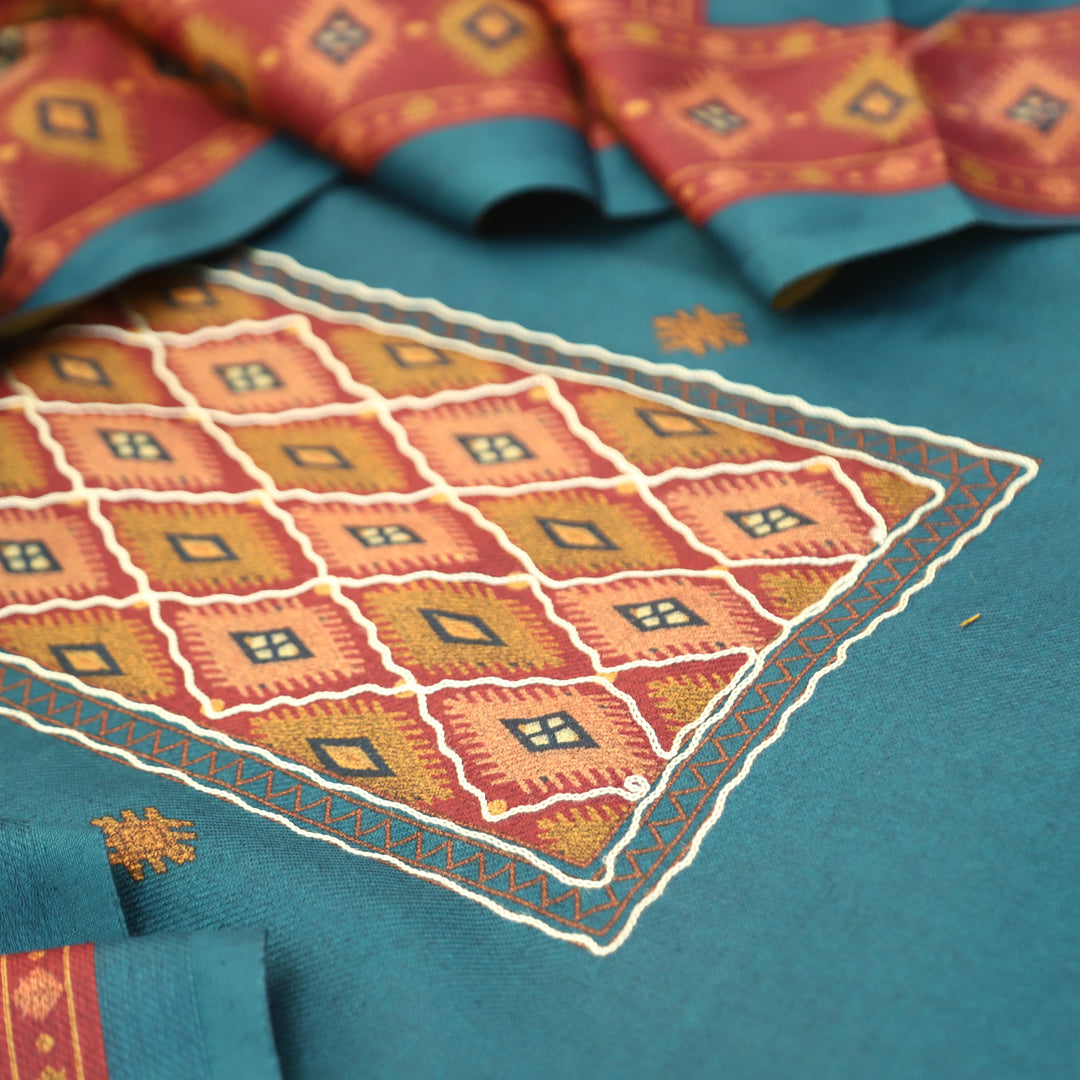 Sarvari Ocean Teal Thread Work Yoke Semi Pashmina Winter Set