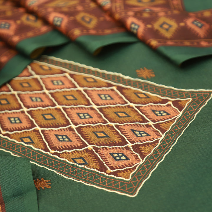 Sarvari Forest Green Thread Work Yoke Semi Pashmina Winter Set