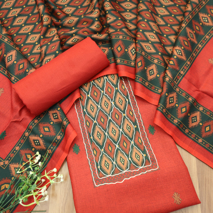 Sarvari Rust Orange Thread Work Yoke Semi Pashmina Winter Set