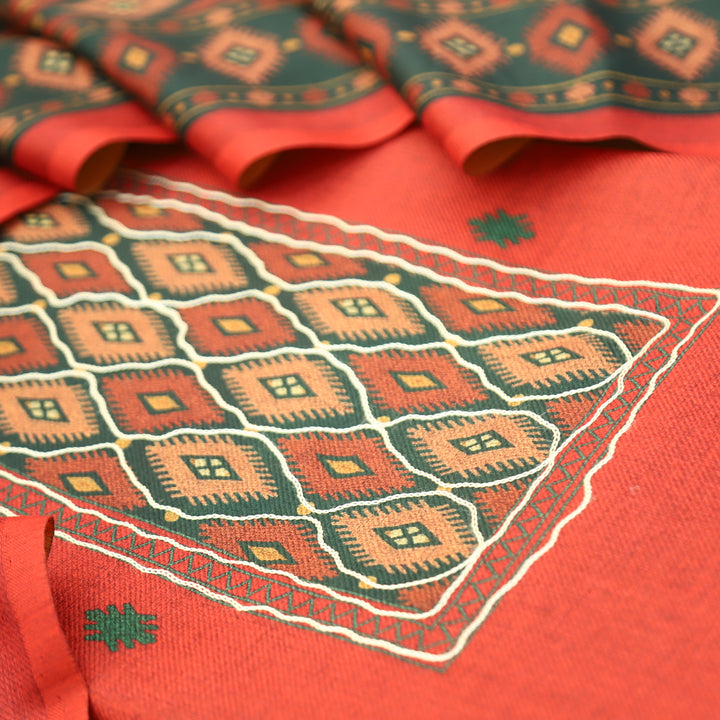 Sarvari Rust Orange Thread Work Yoke Semi Pashmina Winter Set