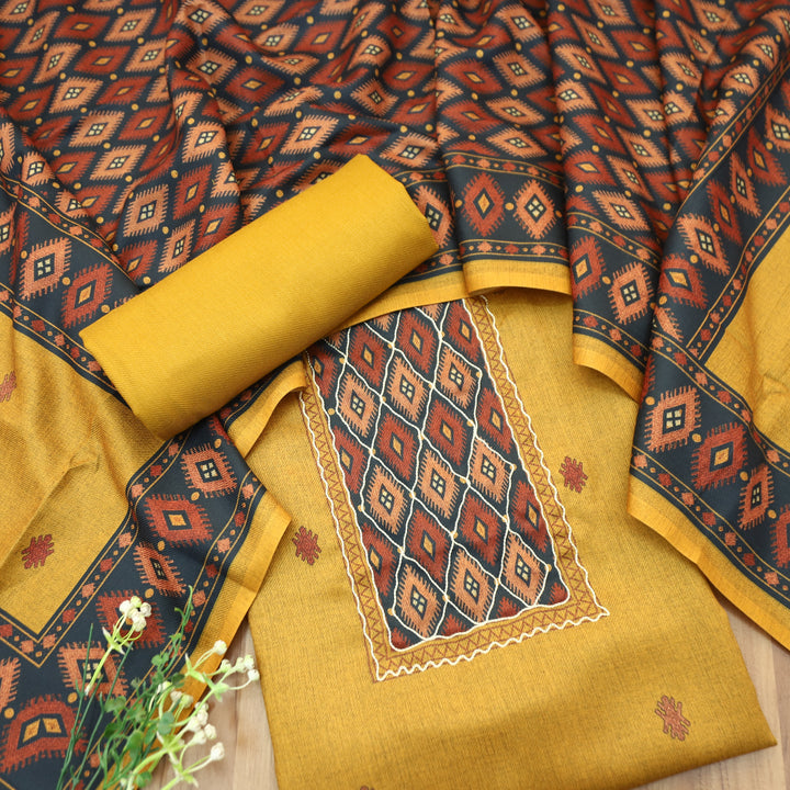 Sarvari Beetle Yellow Thread Work Yoke Semi Pashmina Winter Set