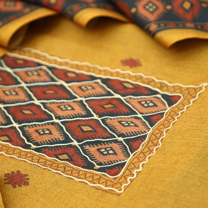 Sarvari Beetle Yellow Thread Work Yoke Semi Pashmina Winter Set