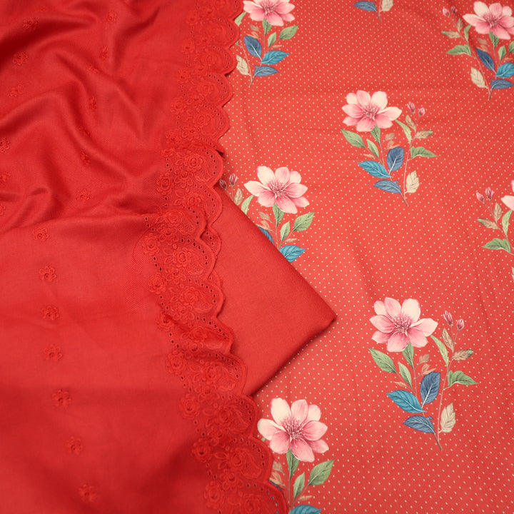 Taruni Berry Red Floral Digital Printed Semi Pashmina Winter Set