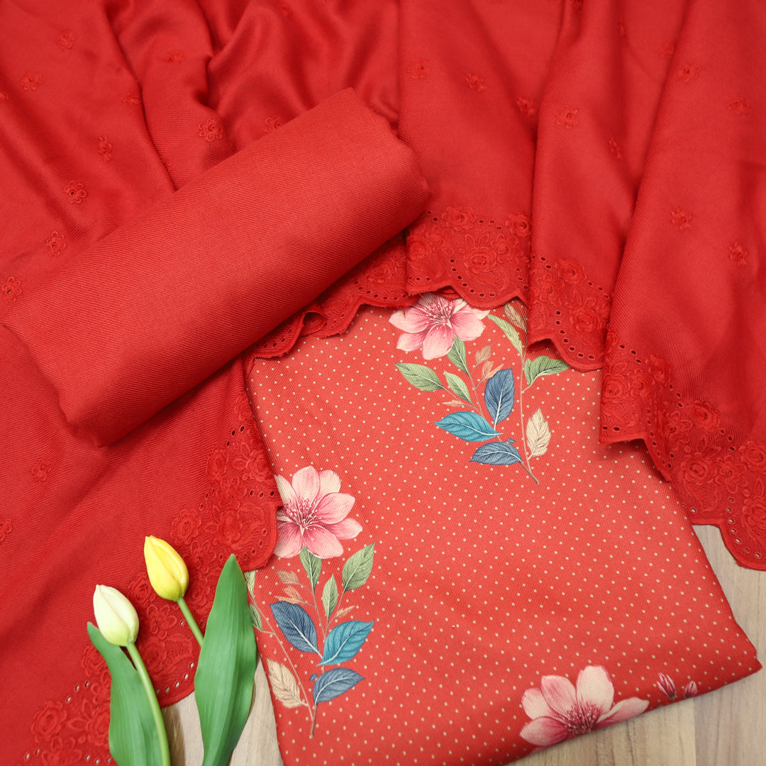 Taruni Berry Red Floral Digital Printed Semi Pashmina Winter Set
