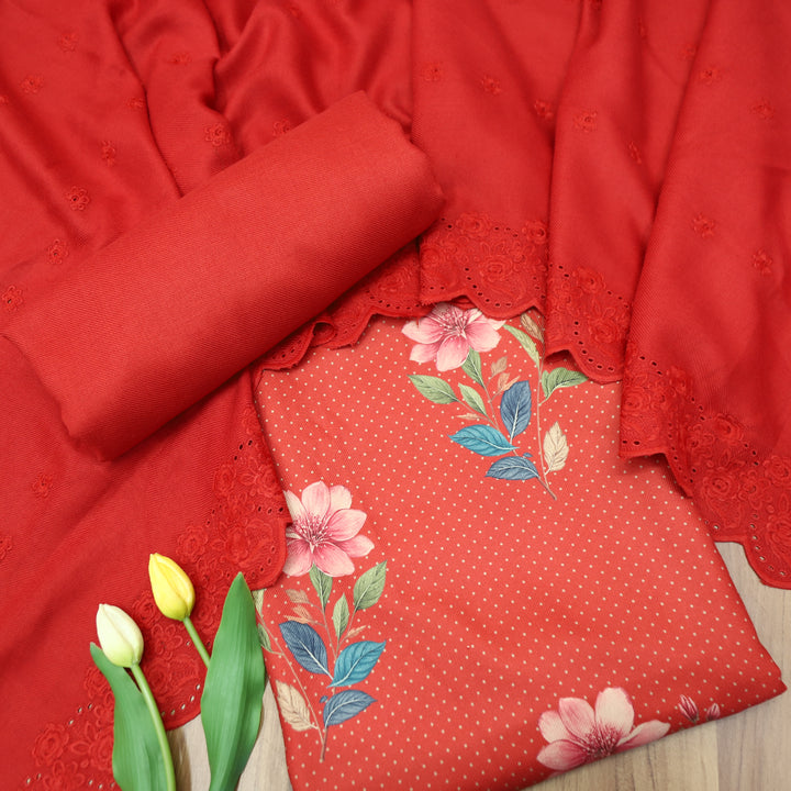 Taruni Berry Red Floral Digital Printed Semi Pashmina Winter Set