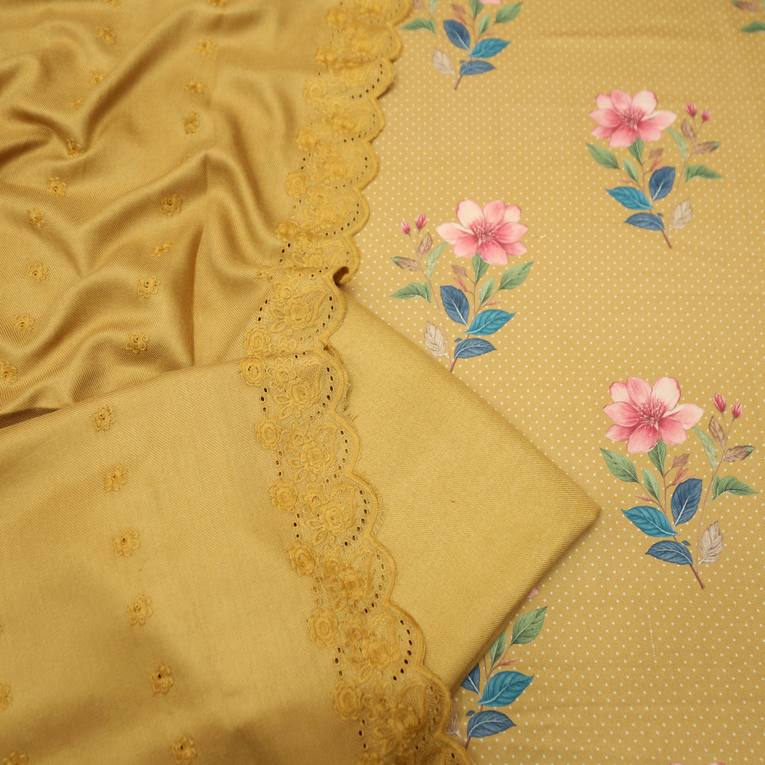 Taruni Dijon Yellow Floral Digital Printed Semi Pashmina Winter Set