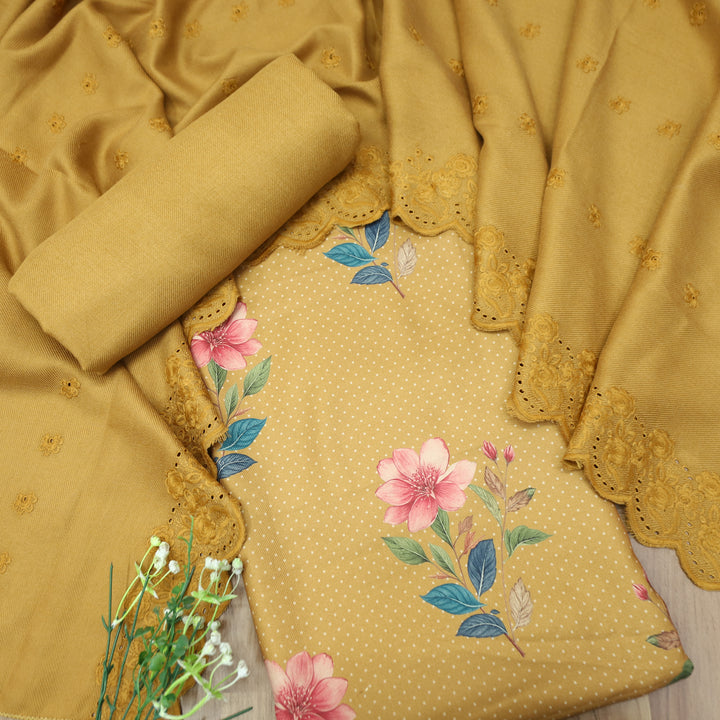 Taruni Dijon Yellow Floral Digital Printed Semi Pashmina Winter Set