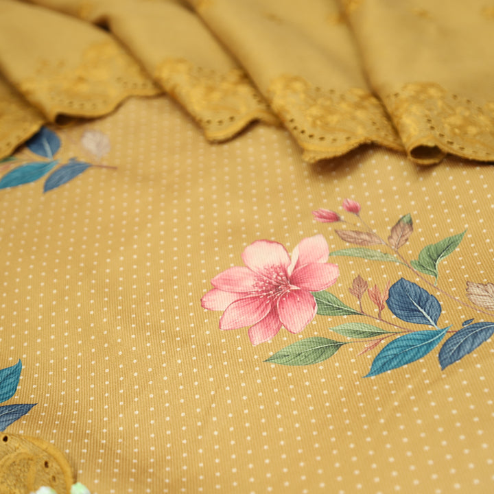 Taruni Dijon Yellow Floral Digital Printed Semi Pashmina Winter Set