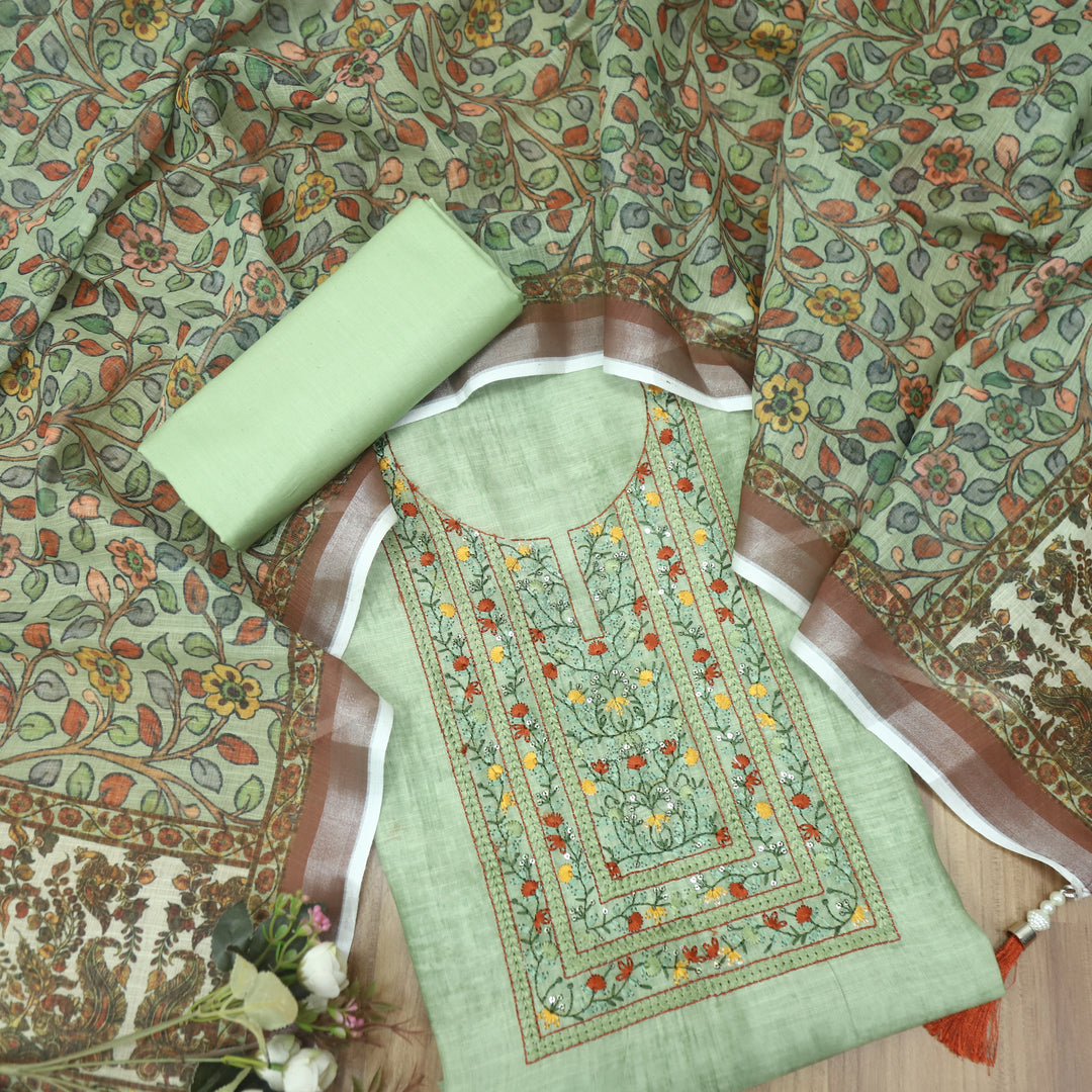 Fanaa Fern Green Thread Embroidered Work Cotton Linen Suit Set
