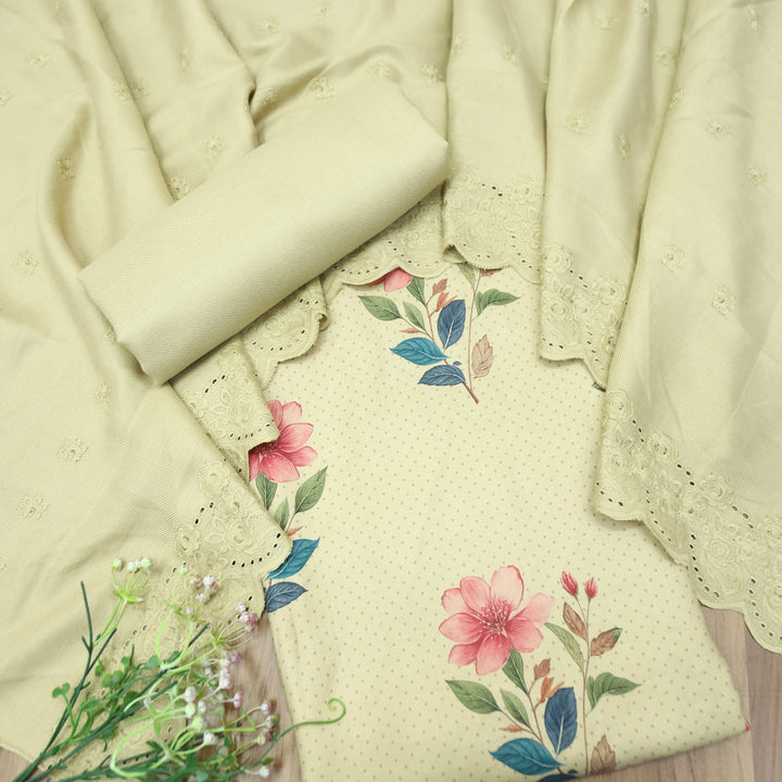 Taruni Buttermilk Yellow Floral Digital Printed Semi Pashmina Winter Set