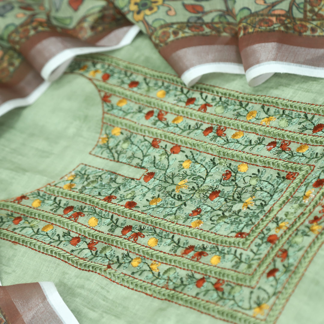 Fanaa Fern Green Thread Embroidered Work Cotton Linen Suit Set