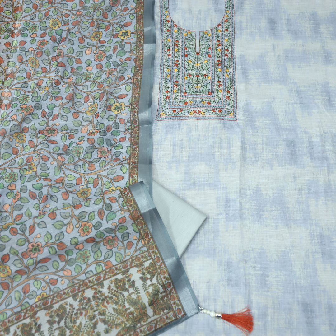 Fanaa Bluish Grey Thread Embroidered Work Cotton Linen Suit Set