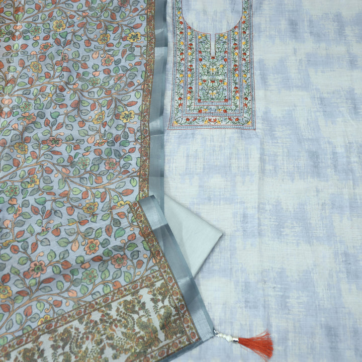 Fanaa Bluish Grey Thread Embroidered Work Cotton Linen Suit Set
