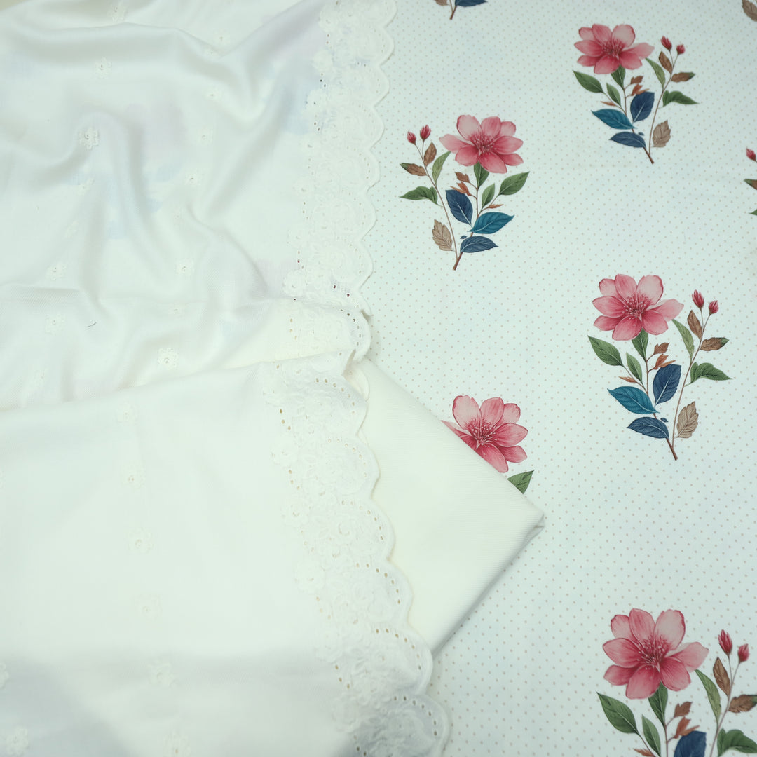 Taruni Pearl White Floral Digital Printed Semi Pashmina Winter Set
