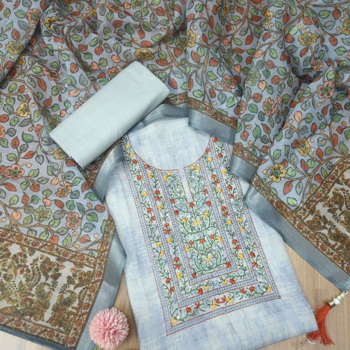 Fanaa Bluish Grey Thread Embroidered Work Cotton Linen Suit Set