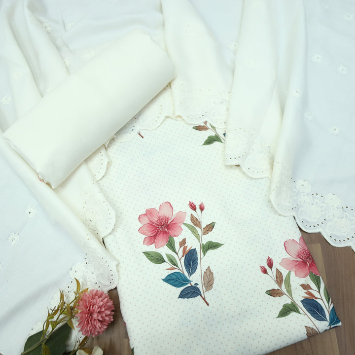 Taruni Pearl White Floral Digital Printed Semi Pashmina Winter Set