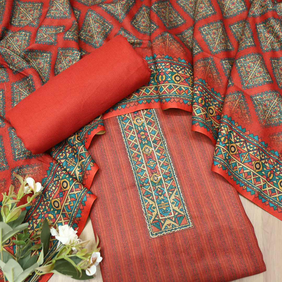 Tamanna Rust Orange Digital Printed Hem Semi Pashmina Winter Set