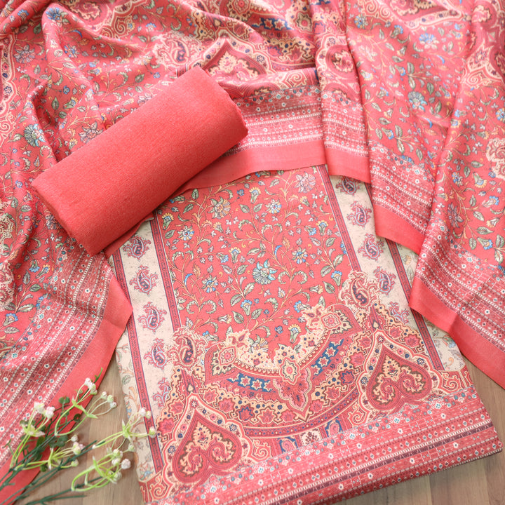 Raashi Pumpkin Coral Panel Styel Digitial Kashmiri Print Semi Pashmina Winter Set