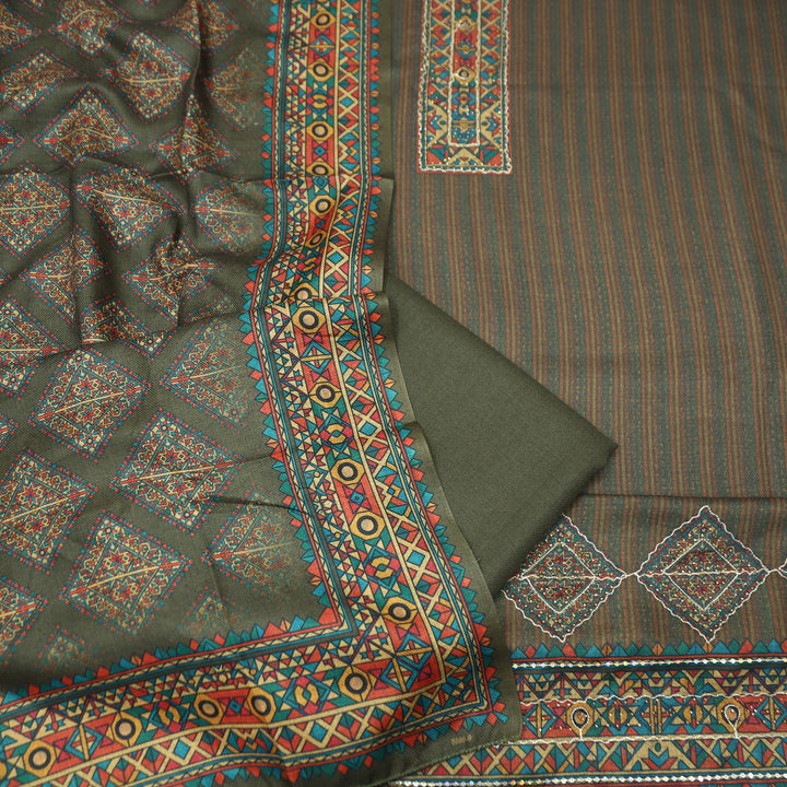 Tamanna Khaki Olive Digital Printed Hem Semi Pashmina Winter Set
