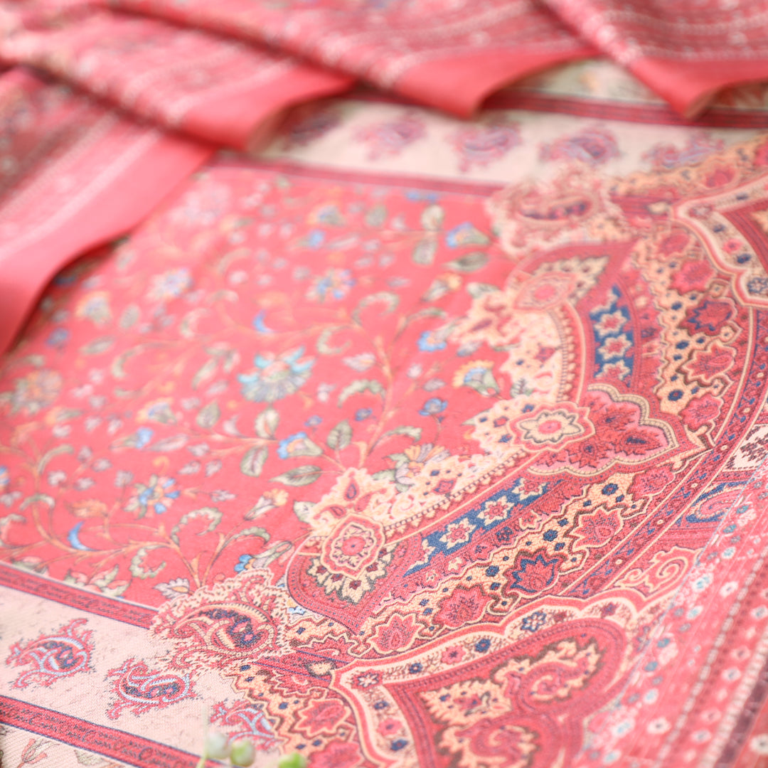 Raashi Pumpkin Coral Panel Styel Digitial Kashmiri Print Semi Pashmina Winter Set