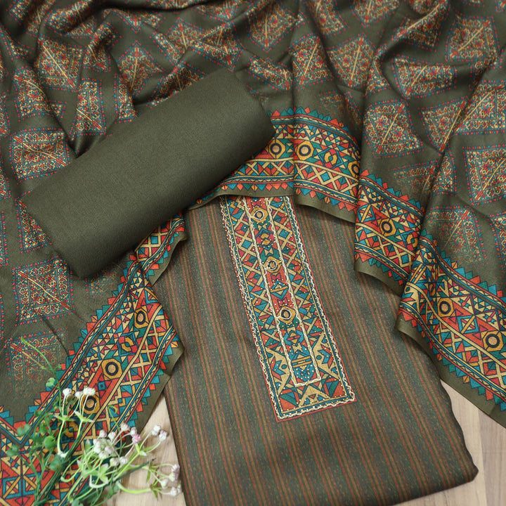 Tamanna Khaki Olive Digital Printed Hem Semi Pashmina Winter Set