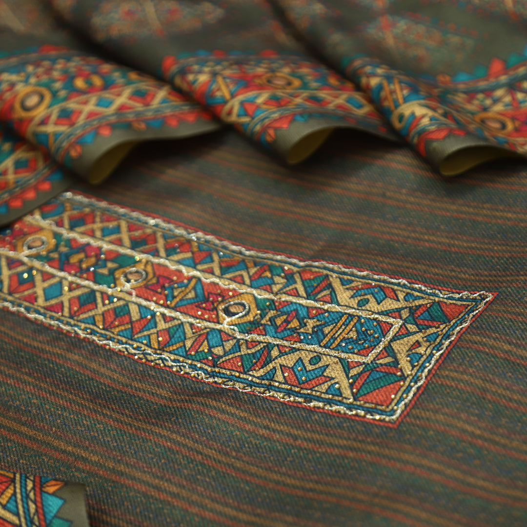 Tamanna Khaki Olive Digital Printed Hem Semi Pashmina Winter Set