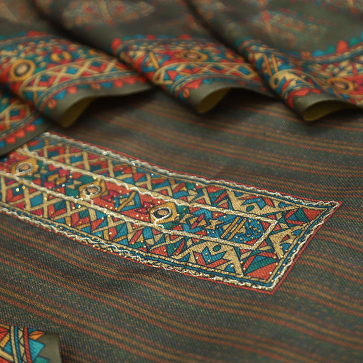 Tamanna Khaki Olive Digital Printed Hem Semi Pashmina Winter Set