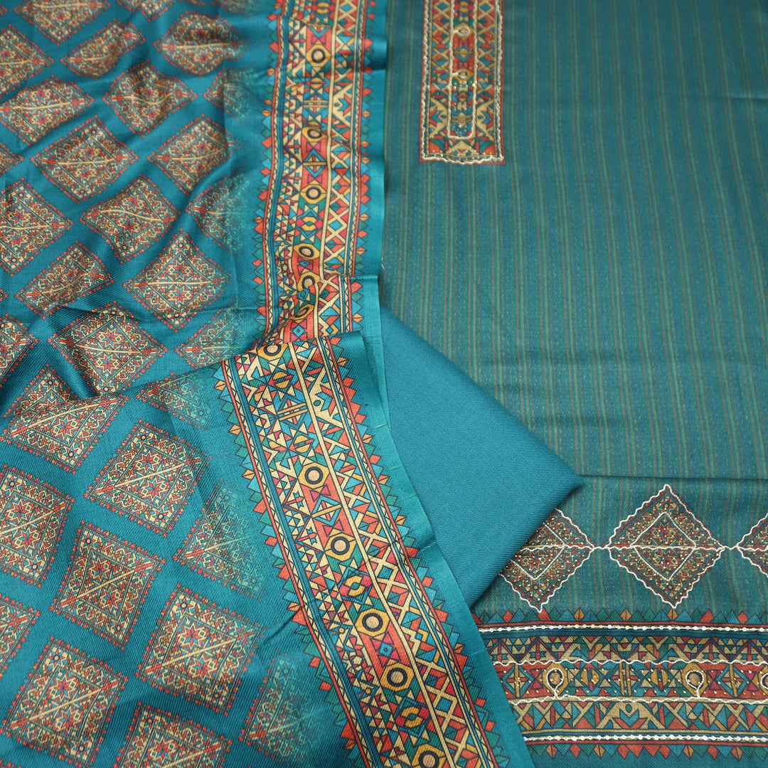 Tamanna Cerulean Teal Digital Printed Hem Semi Pashmina Winter Set