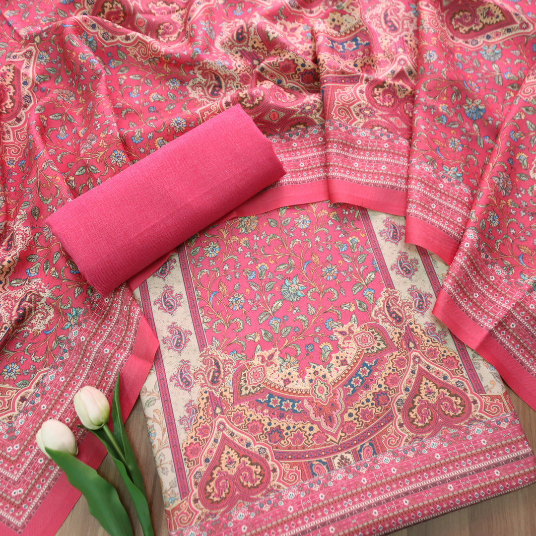 Raashi Punch Pink Panel Styel Digitial Kashmiri Print Semi Pashmina Winter Set