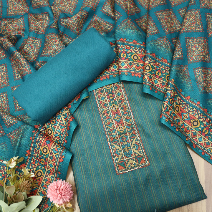 Tamanna Cerulean Teal Digital Printed Hem Semi Pashmina Winter Set